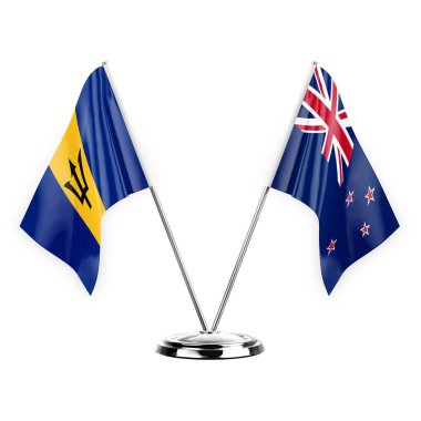 Two table flags isolated on white background 3d illustration, barbados and new zealand