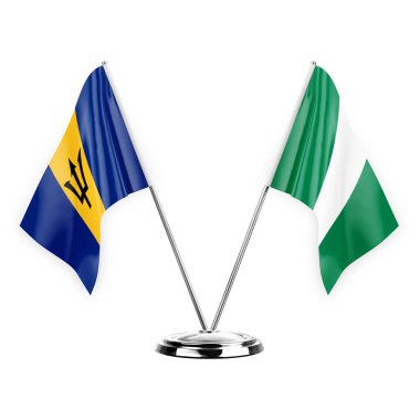 Two table flags isolated on white background 3d illustration, barbados and nigeria