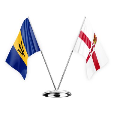 Two table flags isolated on white background 3d illustration, barbados and ireland