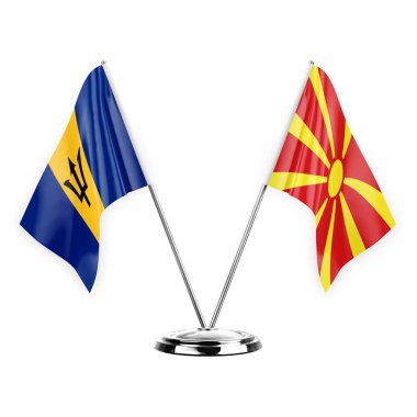 Two table flags isolated on white background 3d illustration, barbados and north macedonia