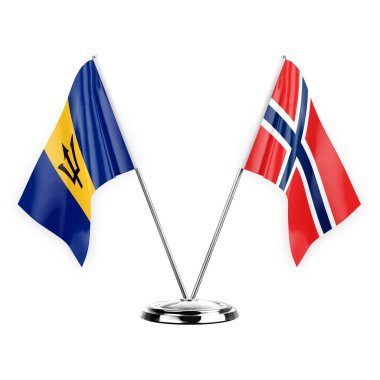 Two table flags isolated on white background 3d illustration, barbados and norway