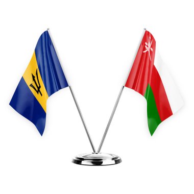 Two table flags isolated on white background 3d illustration, barbados and oman