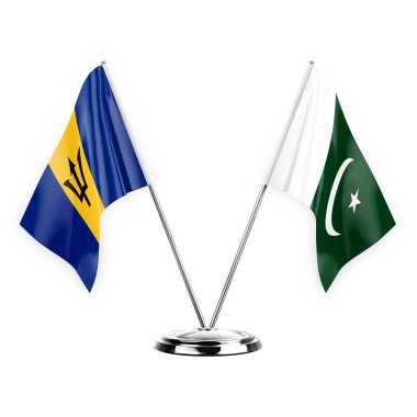 Two table flags isolated on white background 3d illustration, barbados and pakistan