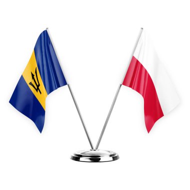 Two table flags isolated on white background 3d illustration, barbados and poland