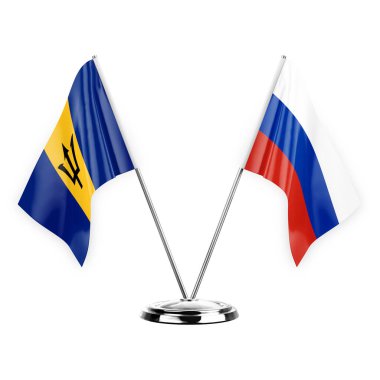 Two table flags isolated on white background 3d illustration, barbados and russia
