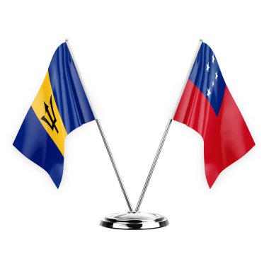 Two table flags isolated on white background 3d illustration, barbados and samoa