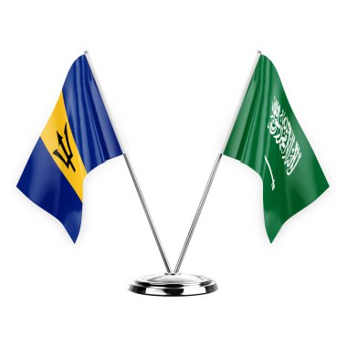 Two table flags isolated on white background 3d illustration, barbados and saudi arabia