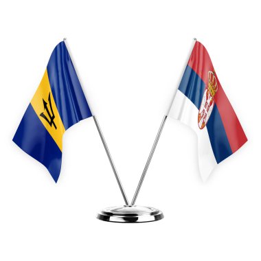 Two table flags isolated on white background 3d illustration, barbados and serbia