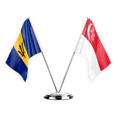 Two table flags isolated on white background 3d illustration, barbados and singapore
