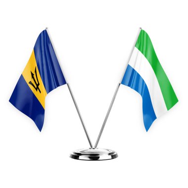 Two table flags isolated on white background 3d illustration, barbados and sierra leone