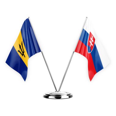 Two table flags isolated on white background 3d illustration, barbados and slovakia