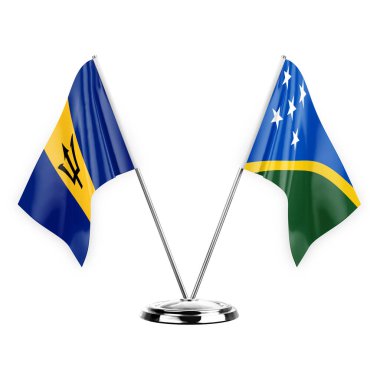 Two table flags isolated on white background 3d illustration, barbados and solomon islands