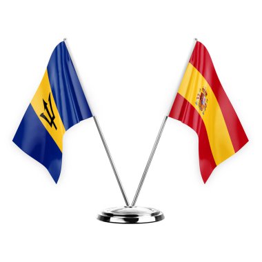 Two table flags isolated on white background 3d illustration, barbados and spain