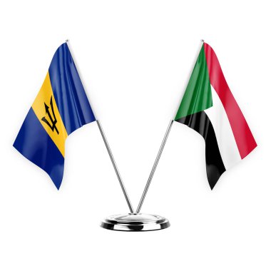Two table flags isolated on white background 3d illustration, barbados and sudan
