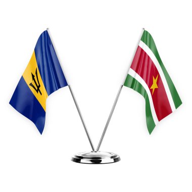 Two table flags isolated on white background 3d illustration, barbados and suriname