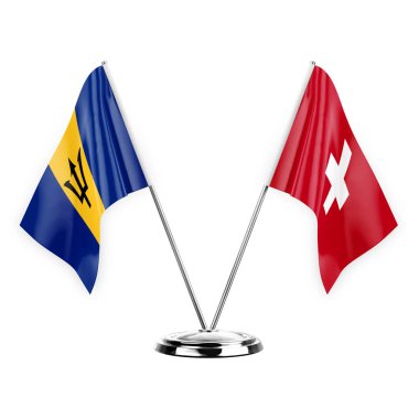 Two table flags isolated on white background 3d illustration, barbados and switzerland