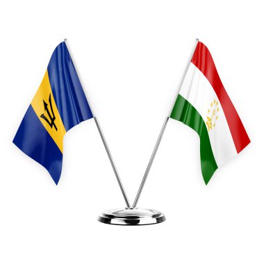 Two table flags isolated on white background 3d illustration, barbados and tajikistan