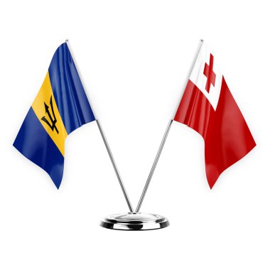 Two table flags isolated on white background 3d illustration, barbados and tonga