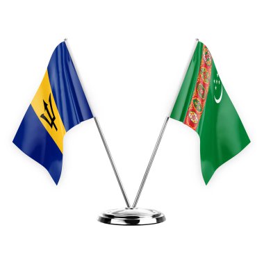 Two table flags isolated on white background 3d illustration, barbados and turkmenistan