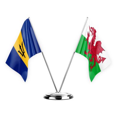 Two table flags isolated on white background 3d illustration, barbados and wales