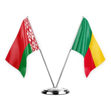 Two table flags isolated on white background 3d illustration, belarus and benin