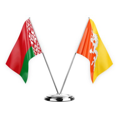 Two table flags isolated on white background 3d illustration, belarus and bhutan