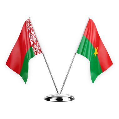 Two table flags isolated on white background 3d illustration, belarus and burkina faso