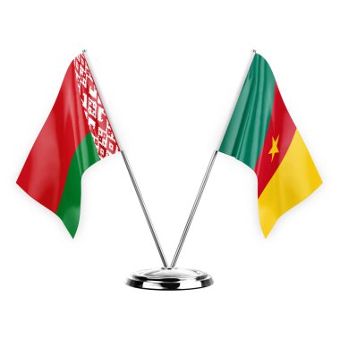Two table flags isolated on white background 3d illustration, belarus and cameroon