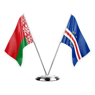 Two table flags isolated on white background 3d illustration, belarus and cape verde