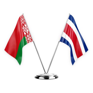 Two table flags isolated on white background 3d illustration, belarus and costa rica