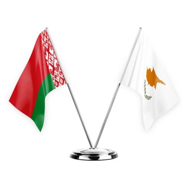 Two table flags isolated on white background 3d illustration, belarus and cyprus