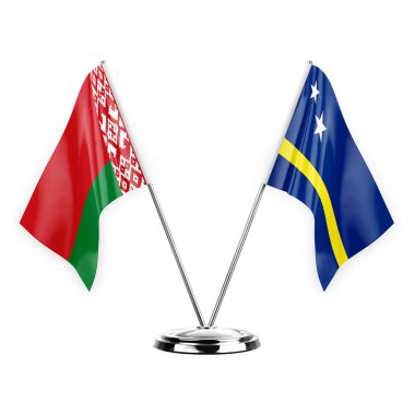 Two table flags isolated on white background 3d illustration, belarus and curacao