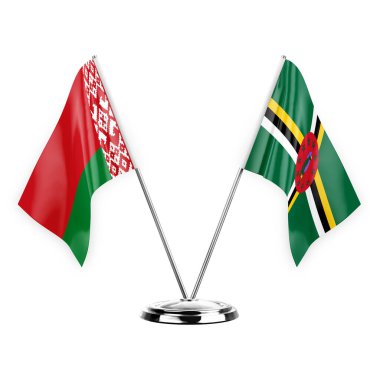 Two table flags isolated on white background 3d illustration, belarus and dominica
