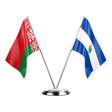 Two table flags isolated on white background 3d illustration, belarus and el salvador