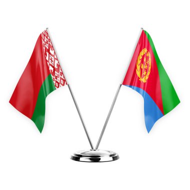 Two table flags isolated on white background 3d illustration, belarus and eritrea