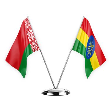 Two table flags isolated on white background 3d illustration, belarus and ethiopia
