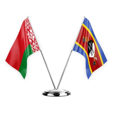 Two table flags isolated on white background 3d illustration, belarus and eswatini