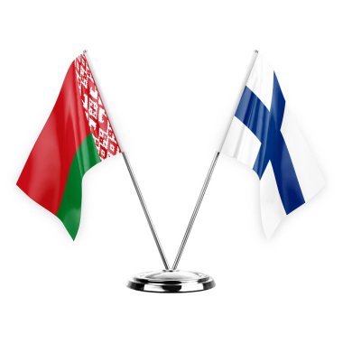Two table flags isolated on white background 3d illustration, belarus and finland