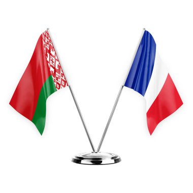 Two table flags isolated on white background 3d illustration, belarus and france