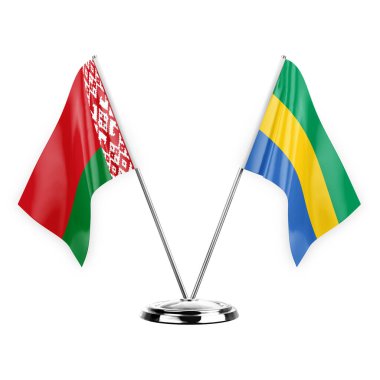 Two table flags isolated on white background 3d illustration, belarus and gabon