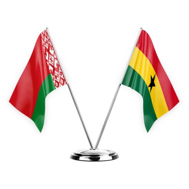 Two table flags isolated on white background 3d illustration, belarus and ghana