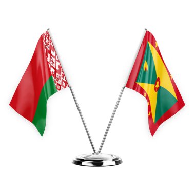 Two table flags isolated on white background 3d illustration, belarus and grenada
