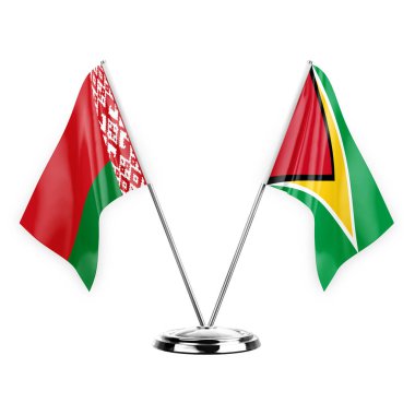 Two table flags isolated on white background 3d illustration, belarus and guyana
