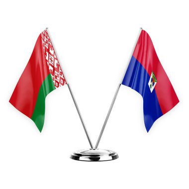 Two table flags isolated on white background 3d illustration, belarus and haiti