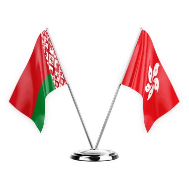Two table flags isolated on white background 3d illustration, belarus and hong kong