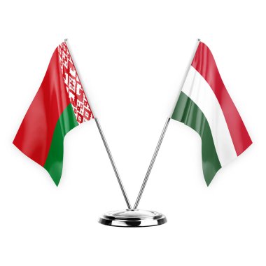 Two table flags isolated on white background 3d illustration, belarus and hungary