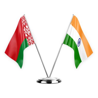 Two table flags isolated on white background 3d illustration, belarus and india