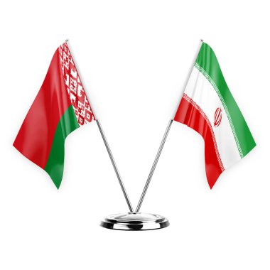 Two table flags isolated on white background 3d illustration, belarus and iran