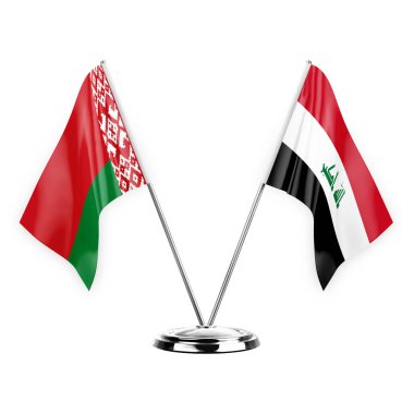 Two table flags isolated on white background 3d illustration, belarus and iraq
