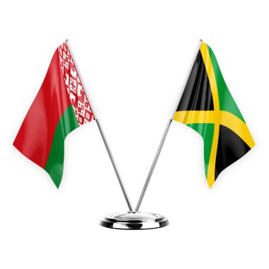 Two table flags isolated on white background 3d illustration, belarus and jamaica